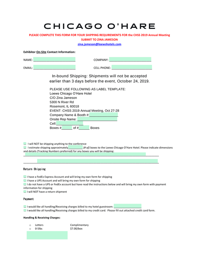 CHSS 2019 Annual Meeting Shipping Requirements Form screenshot