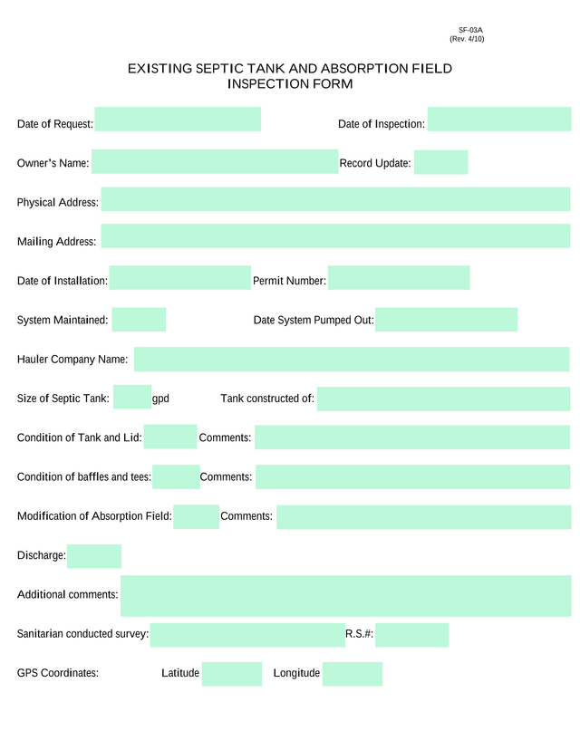 Existing Septic Tank And Absorption Field Inspection Form screenshot