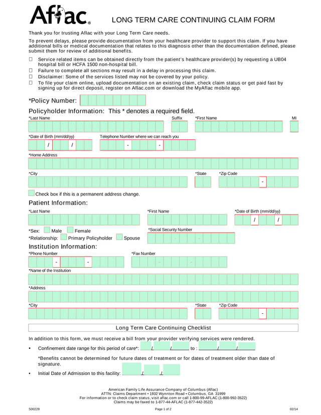 Long Term Care Continuing Claim Form screenshot