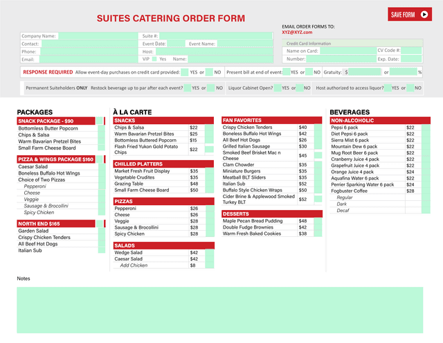 SUITES CATERING ORDER FORM screenshot
