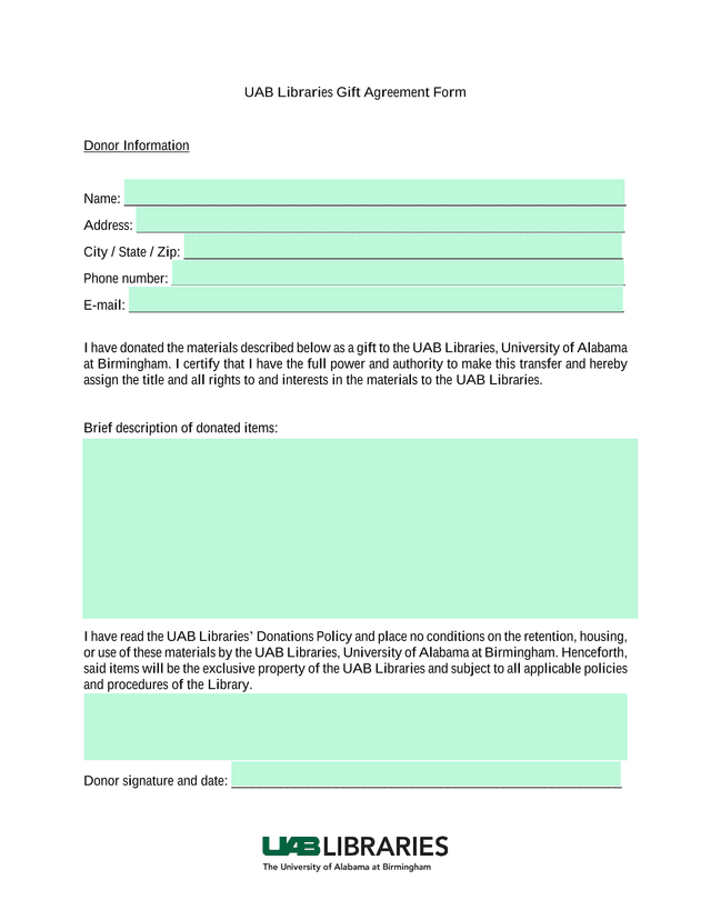 UAB Libraries Gift Agreement Form screenshot