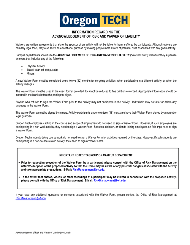 Acknowledgement Of Risk And Waiver Of Liability screenshot