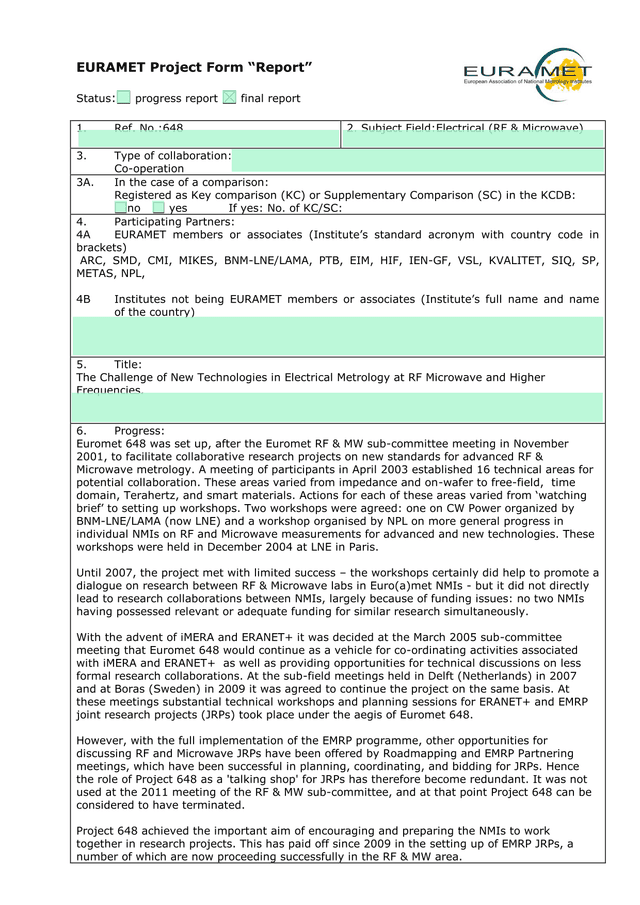 EURAMET Project Form Report screenshot