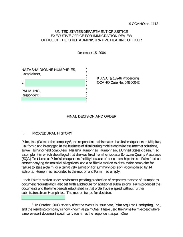 NATASHA DIONNE HUMPHRIES V. PALM, INC.   Final Decision And Order screenshot