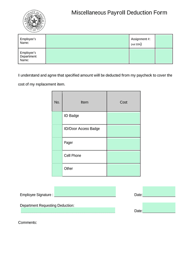 Miscellaneous Payroll Deduction Form screenshot