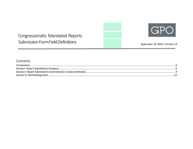 Congressionally Mandated Reports Submission Form Field Definitions screenshot