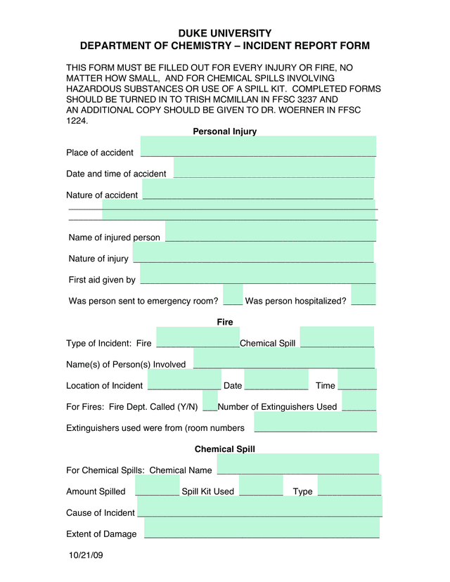 Duke University Department Of Chemistry   Incident Report Form screenshot