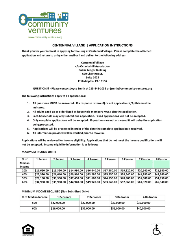 Centennial Village Application Instructions screenshot