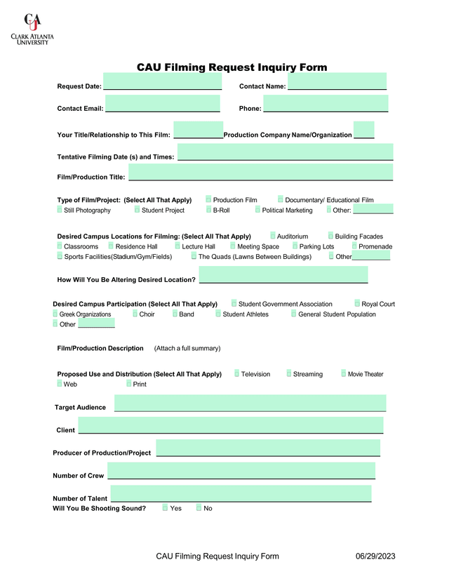 CAU Filming Request Inquiry Form screenshot