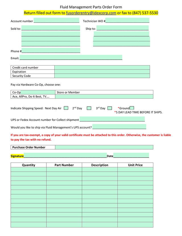 Fluid Management Parts Order Form screenshot