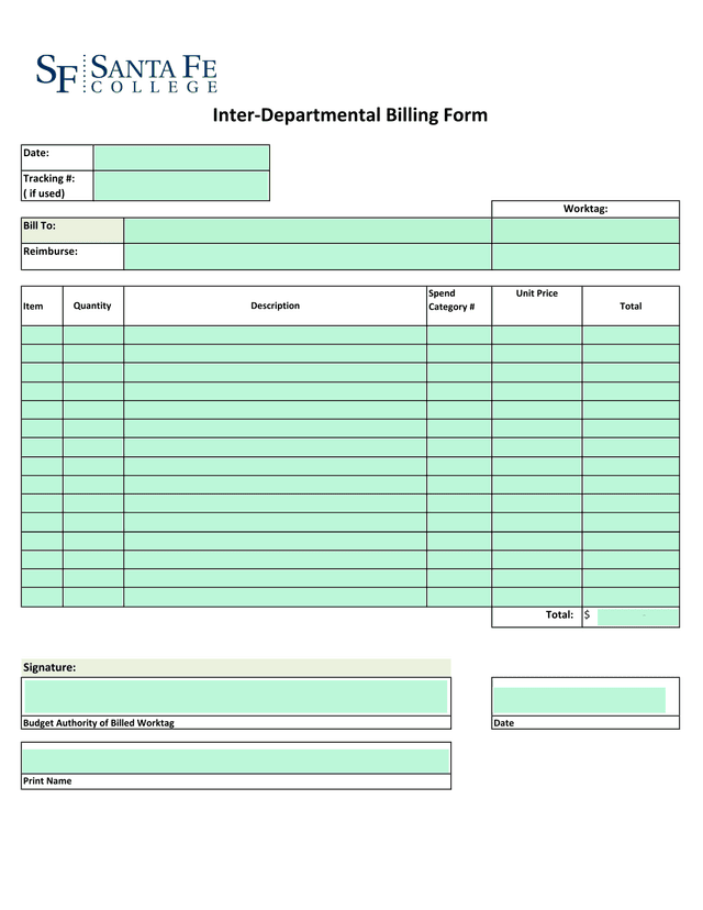 Inter Departmental Billing Form screenshot
