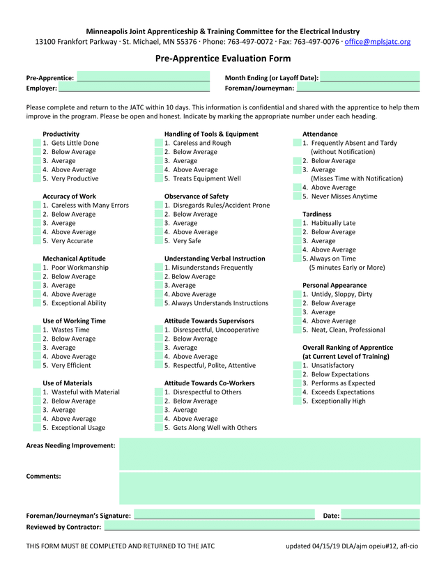 Pre Apprentice Performance Evaluation Form screenshot