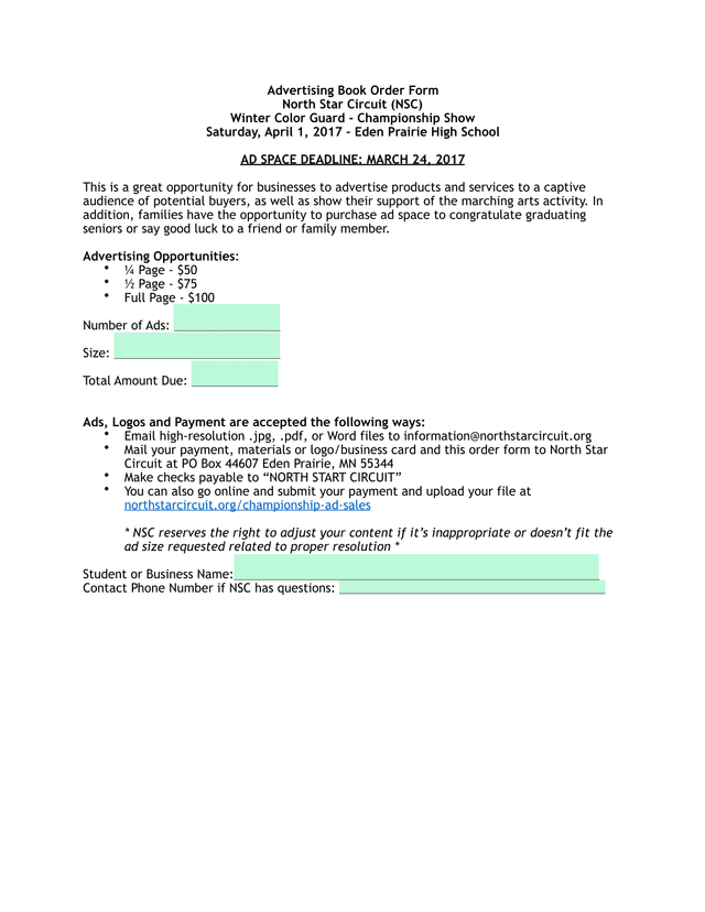 Advertising Book Order Form screenshot
