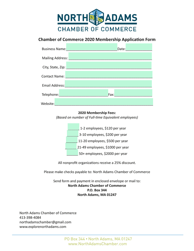 Chamber Of Commerce 2020 Membership Application Form screenshot