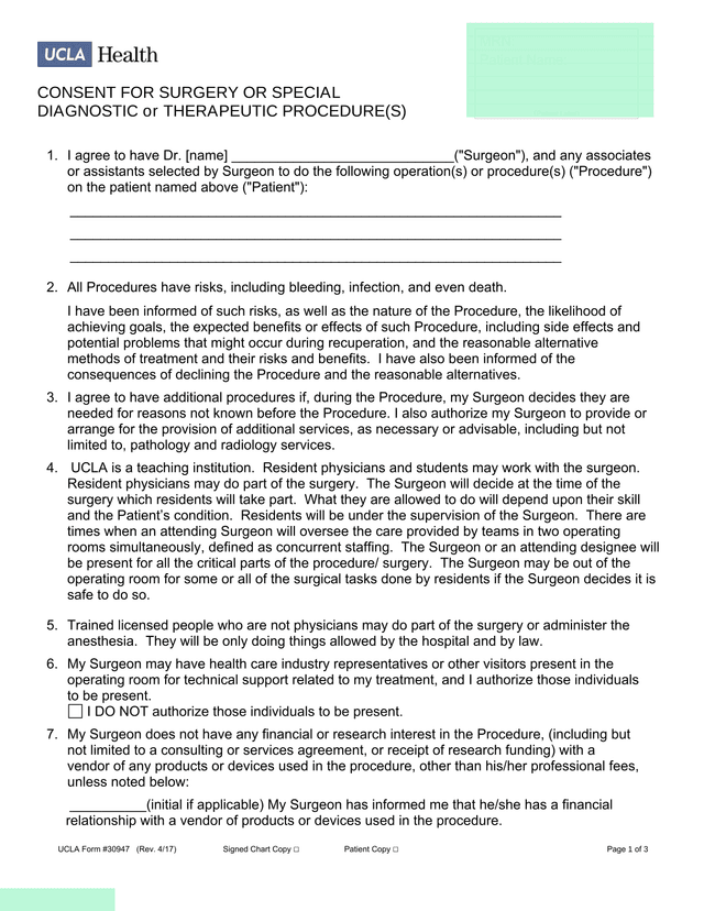 CONSENT FOR SURGERY OR SPECIAL DIAGNOSTIC Or THERAPEUTIC PROCEDURE(S) screenshot