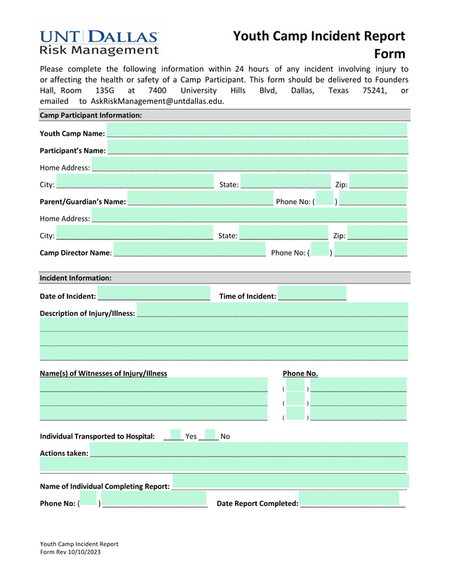 Youth Camp Incident Report Form screenshot