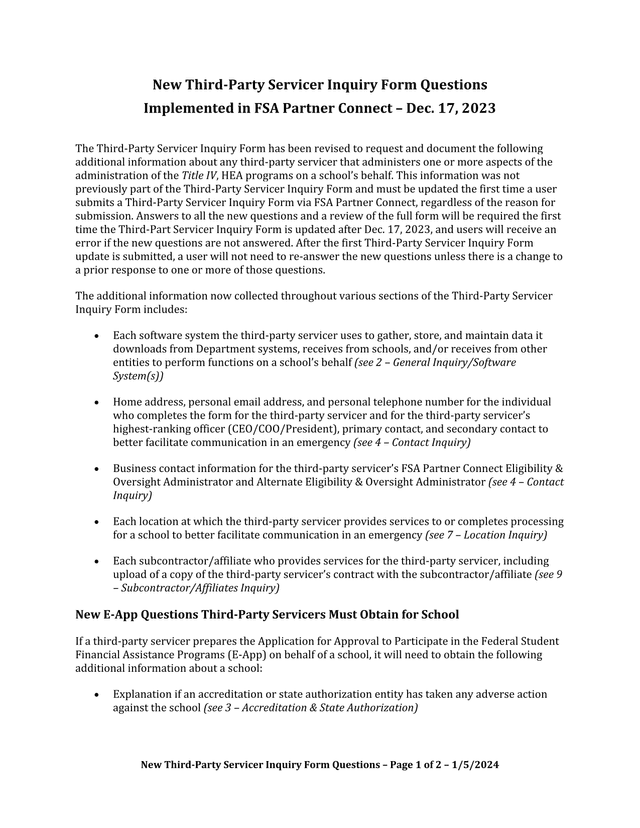 New Third Party Servicer Inquiry Form Questions screenshot