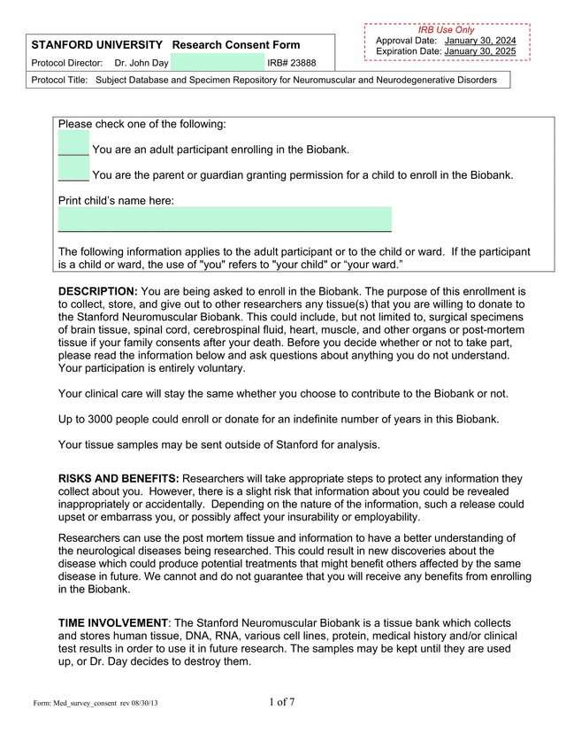 Stanford University Research Consent Form screenshot