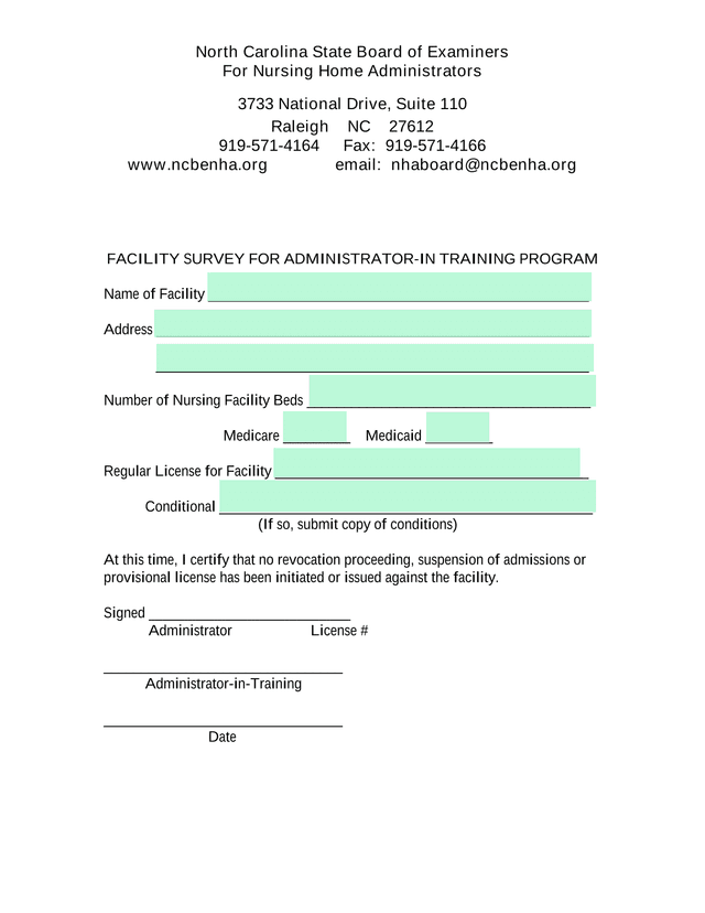 Facility Survey For Administrator In Training Program screenshot