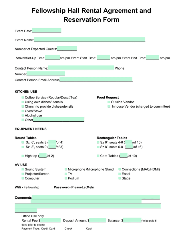 Fellowship Hall Rental Agreement And Reservation Form screenshot