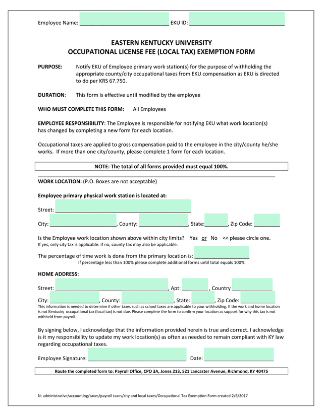 Occupational License Fee (Local Tax) Exemption Form screenshot