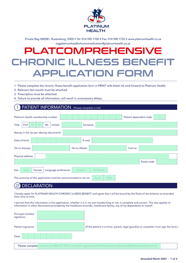 PLAT COMPREHENSIVE CHRONIC ILLNESS BENEFIT APPLICATION FORM screenshot