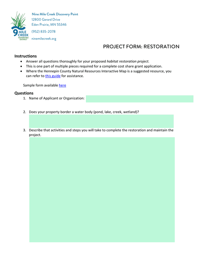 Nine Mile Creek Discovery Point Restoration Project Form screenshot