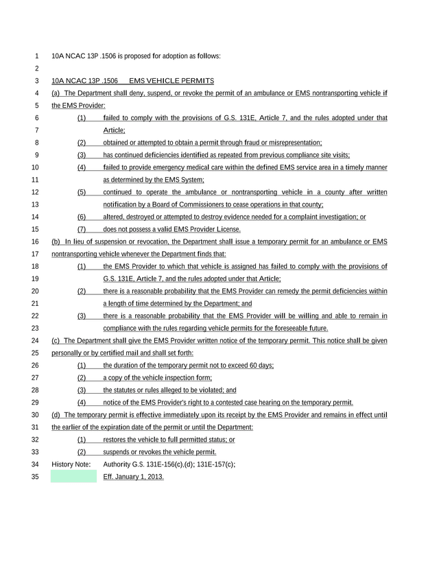 10A NCAC 13P .1506 EMS VEHICLE PERMITS screenshot