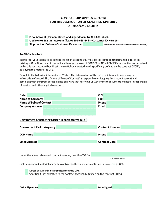 CONTRACTORS APPROVAL FORM FOR THE DESTRUCTION OF CLASSIFIED MATERIEL AT NSACMC FACILITY screenshot