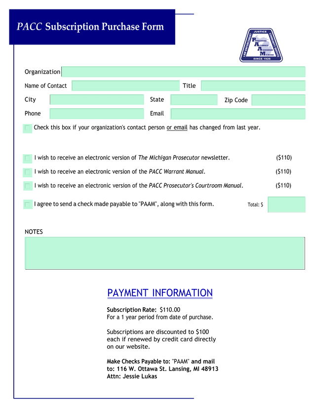 PACC Subscription Purchase Form screenshot