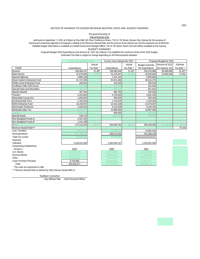 2022 Budget Summary screenshot