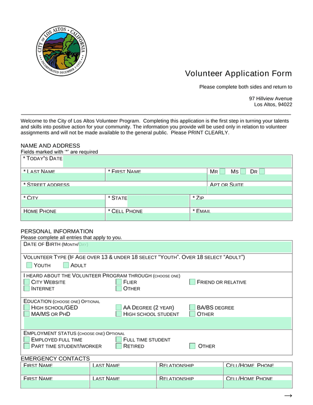 Volunteer Application Form screenshot