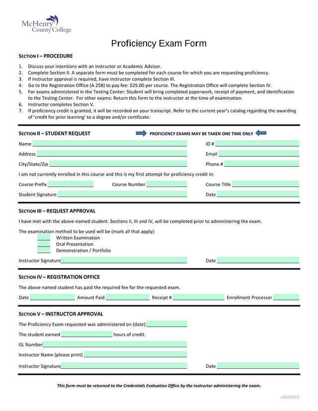 Proficiency Exam Form screenshot