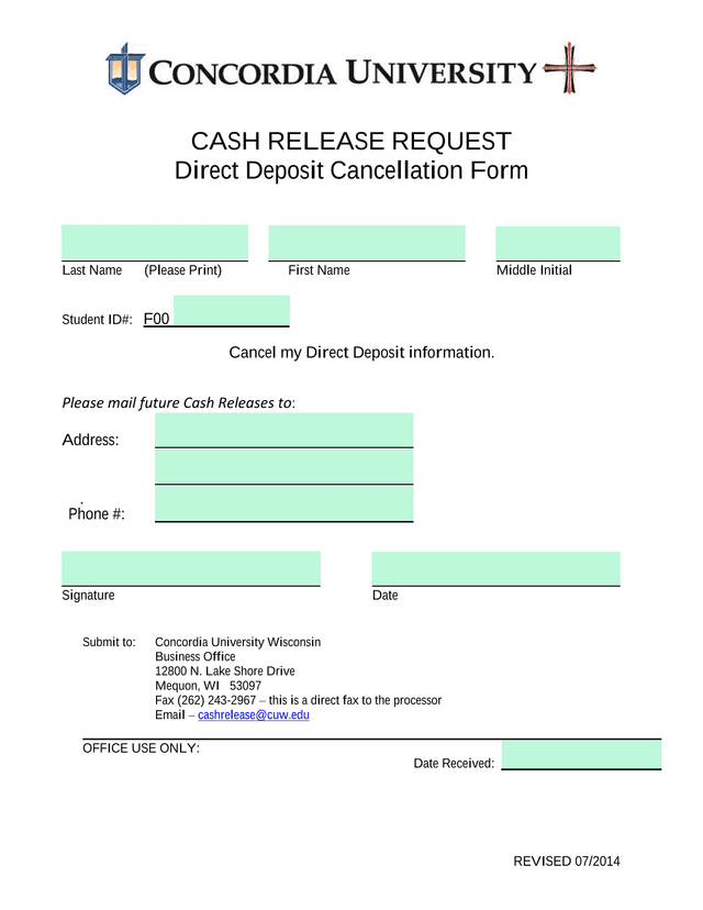 Cash Release Request Direct Deposit Cancellation Form screenshot