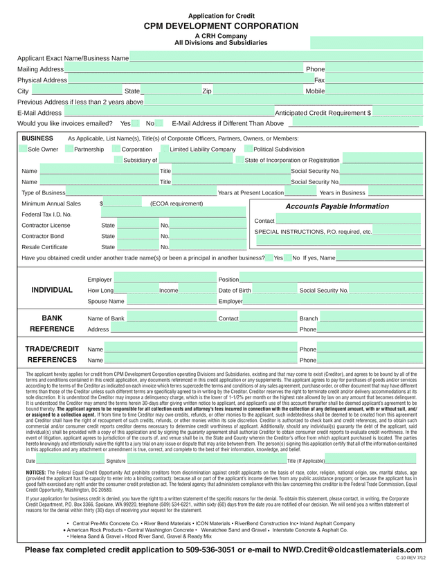 Application For Credit screenshot