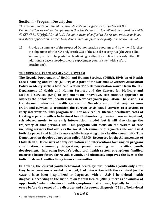 REACH Medicaid Section 1115 Demonstration Waiver Application screenshot