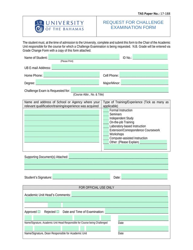 REQUEST FOR CHALLENGE EXAMINATION FORM screenshot