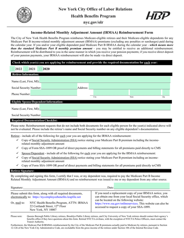 Income Related Monthly Adjustment Amount (IRMAA) Reimbursement Form screenshot