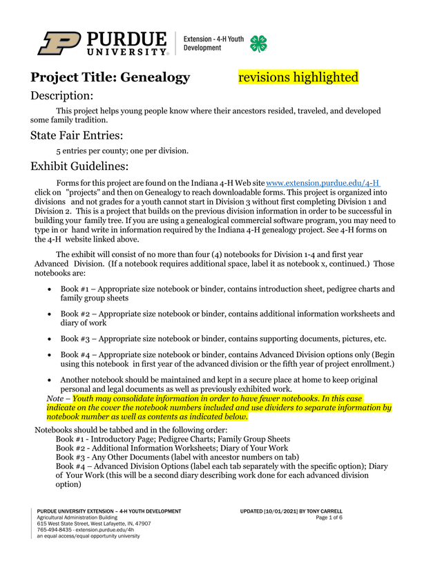 Purdue University Extension  4 H Youth Development Genealogy Project Guidelines screenshot