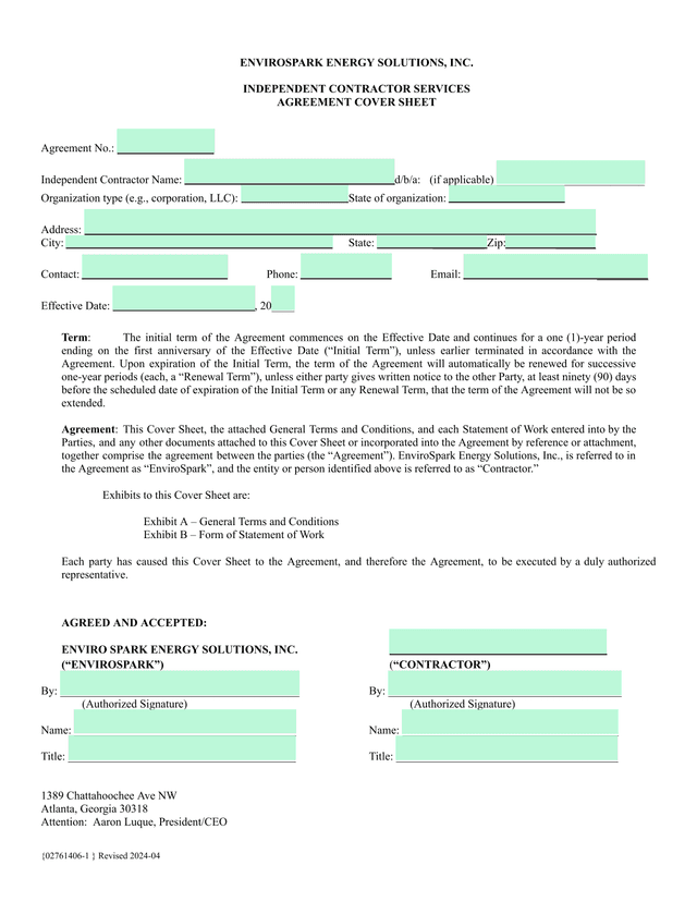 Independent Contractor Services Agreement Cover Sheet screenshot