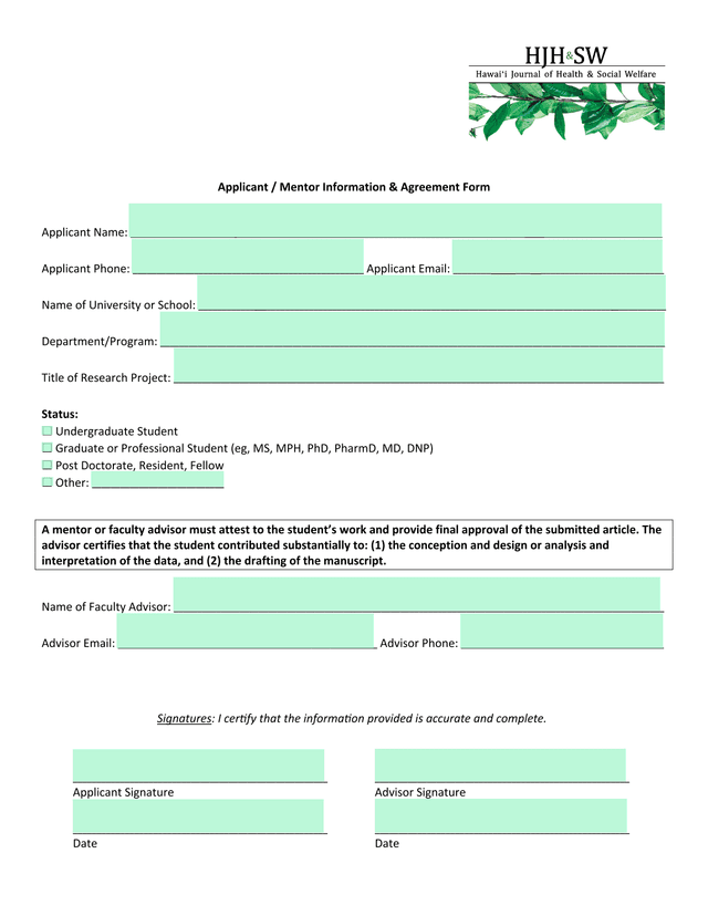 Applicant  Mentor Information  Agreement Form screenshot