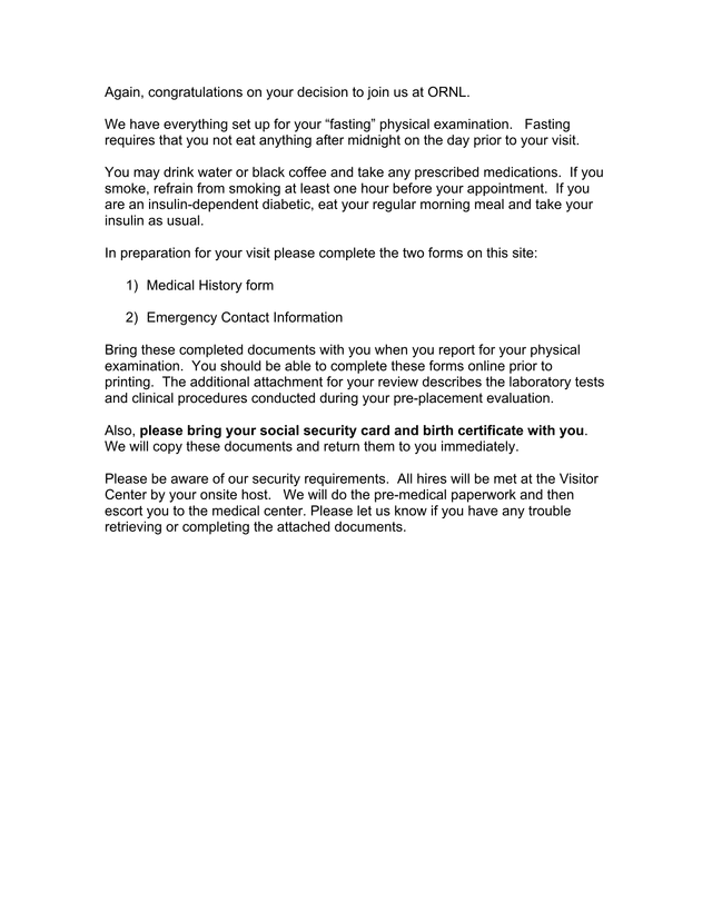ORNL Physical Examination Instructions screenshot