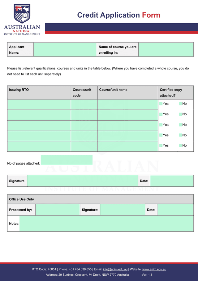 Credit Application Form screenshot