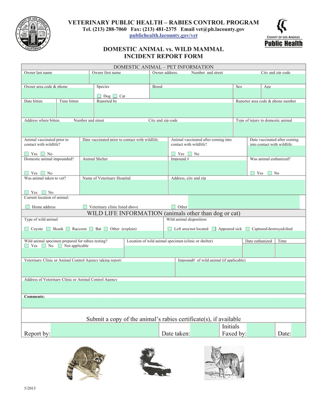 DOMESTIC ANIMAL Vs. WILD MAMMAL INCIDENT REPORT FORM screenshot