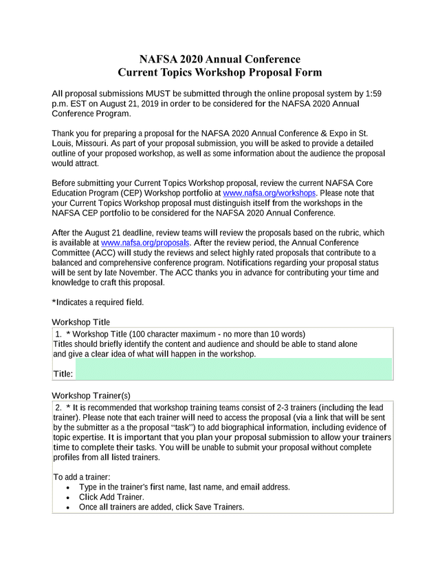 NAFSA 2020 Annual Conference Current Topics Workshop Proposal Form screenshot