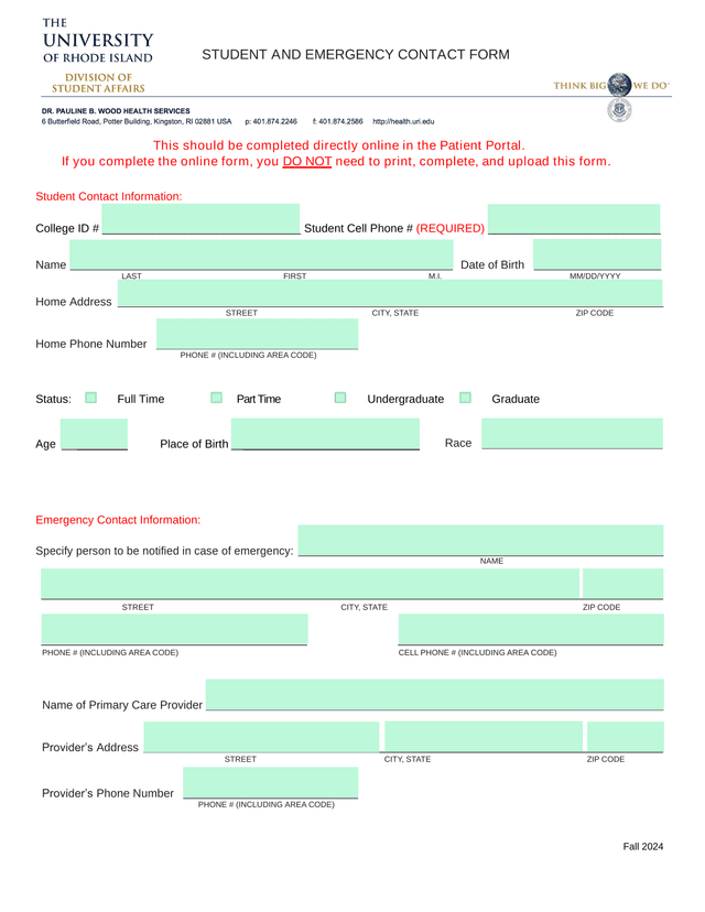STUDENT AND EMERGENCY CONTACT FORM screenshot