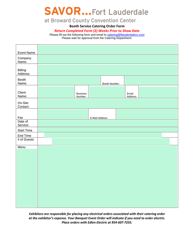 Booth Service Catering Order Form screenshot