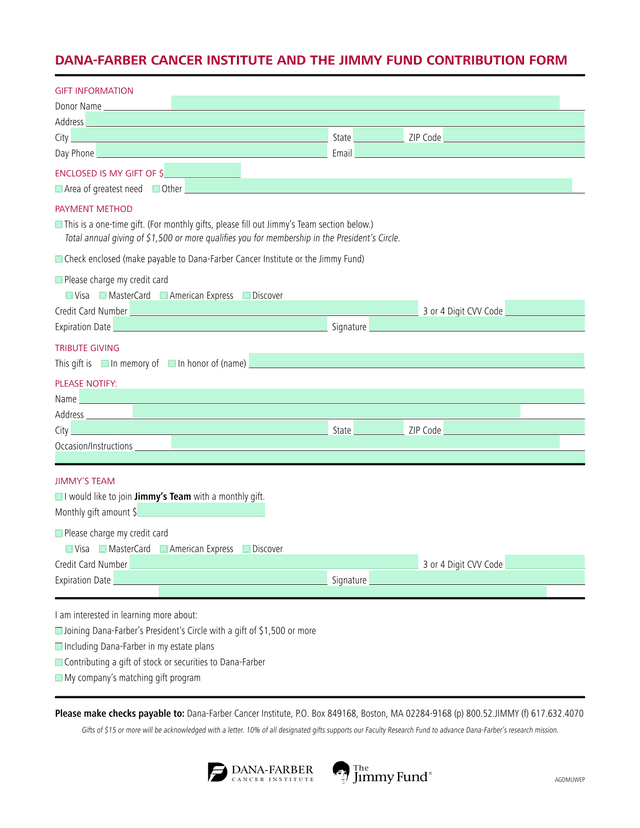 Dana Farber Cancer Institute And The Jimmy Fund Contribution Form screenshot