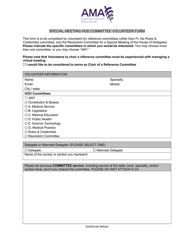 SPECIAL MEETING HOD COMMITTEE VOLUNTEER FORM screenshot