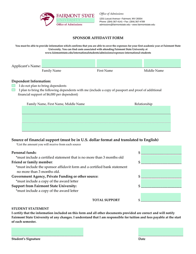 Sponsor Affidavit Form screenshot